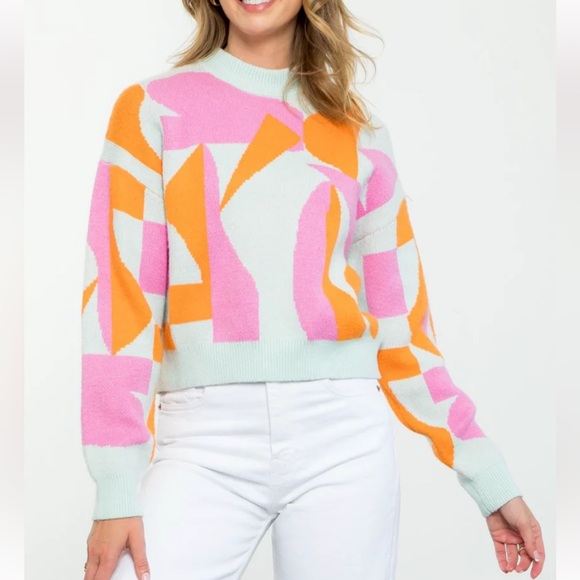 THML Abstract Print Crewneck Sweater Blue Orange Pink Size Small - Picture 1 of 9